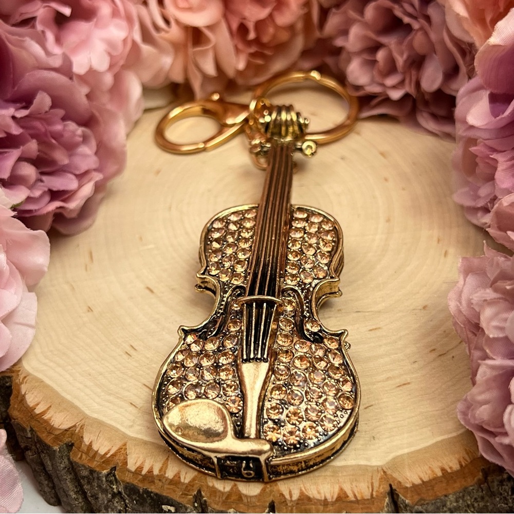 Beautiful Antiqued Gold and Crystal Viola Keychain Charm - Picture 8 of 13